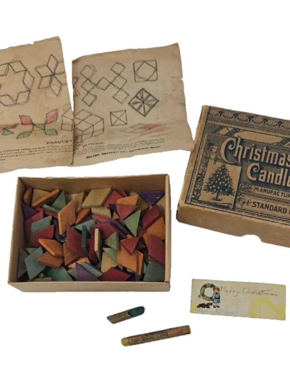 Antique 1800s Christmas Time Capsule Box Petroliana Wood Puzzle Toy Card Crayons